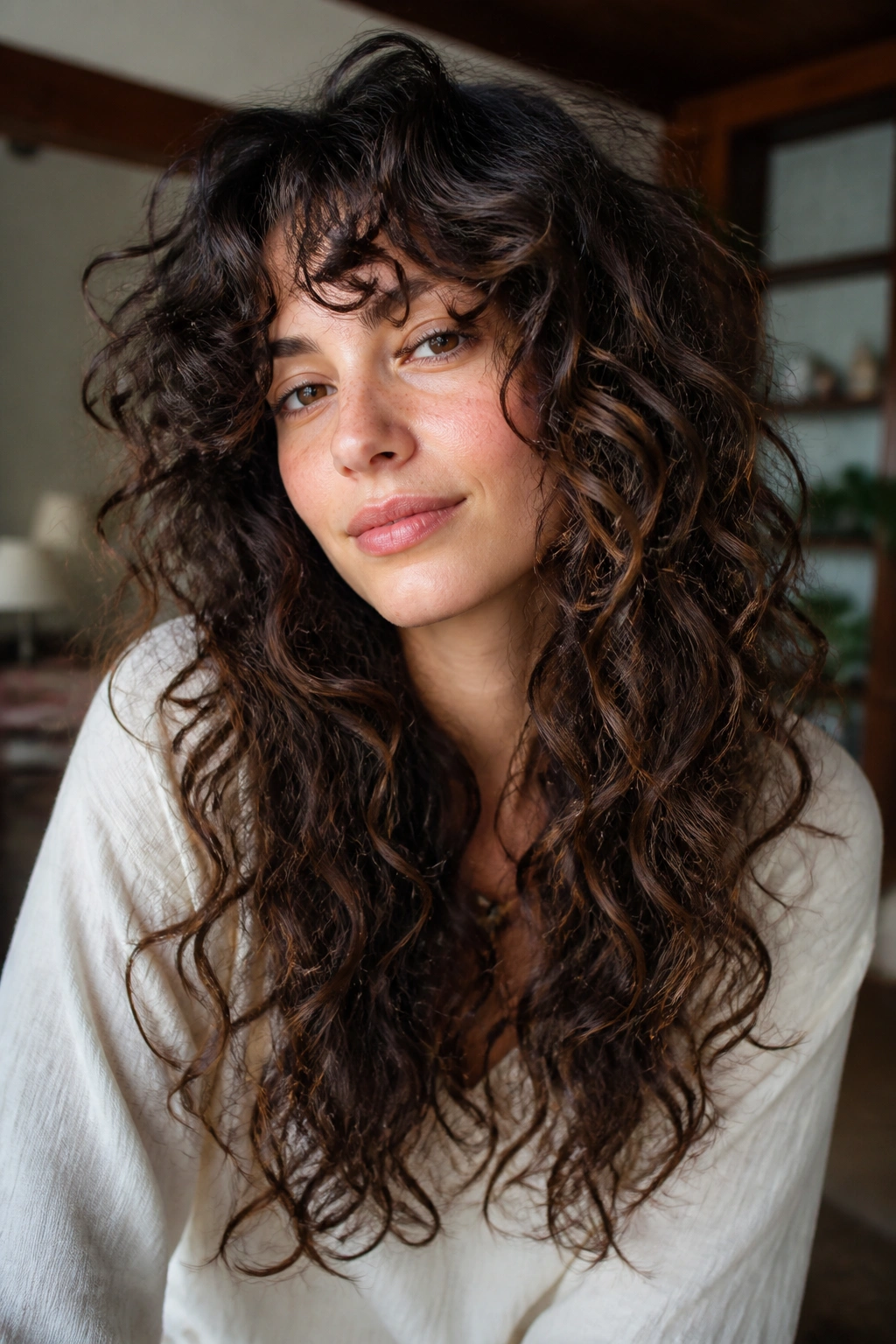 Real woman with curly long shag hairstyle close-up