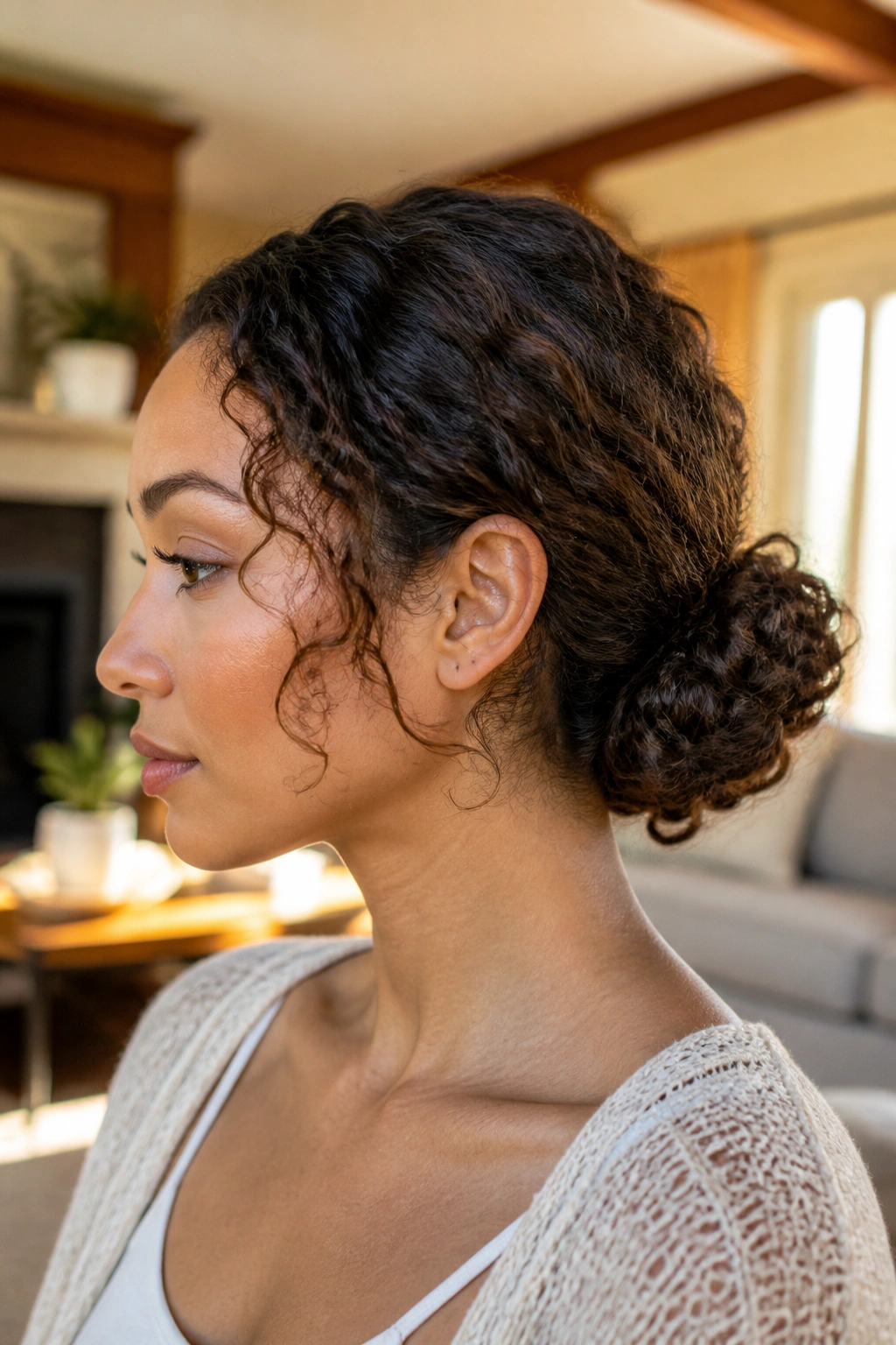 Close-up of a real woman with a curly low bun preserving natural texture