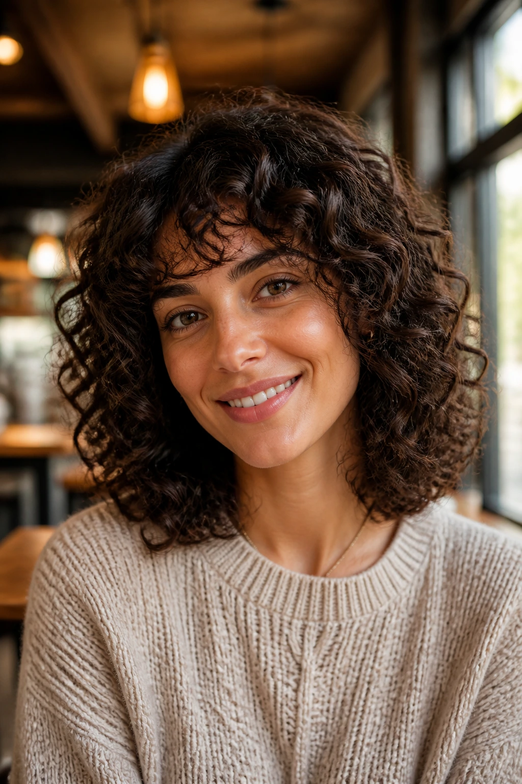 Close-up of a real woman with a rounded curly medium cut