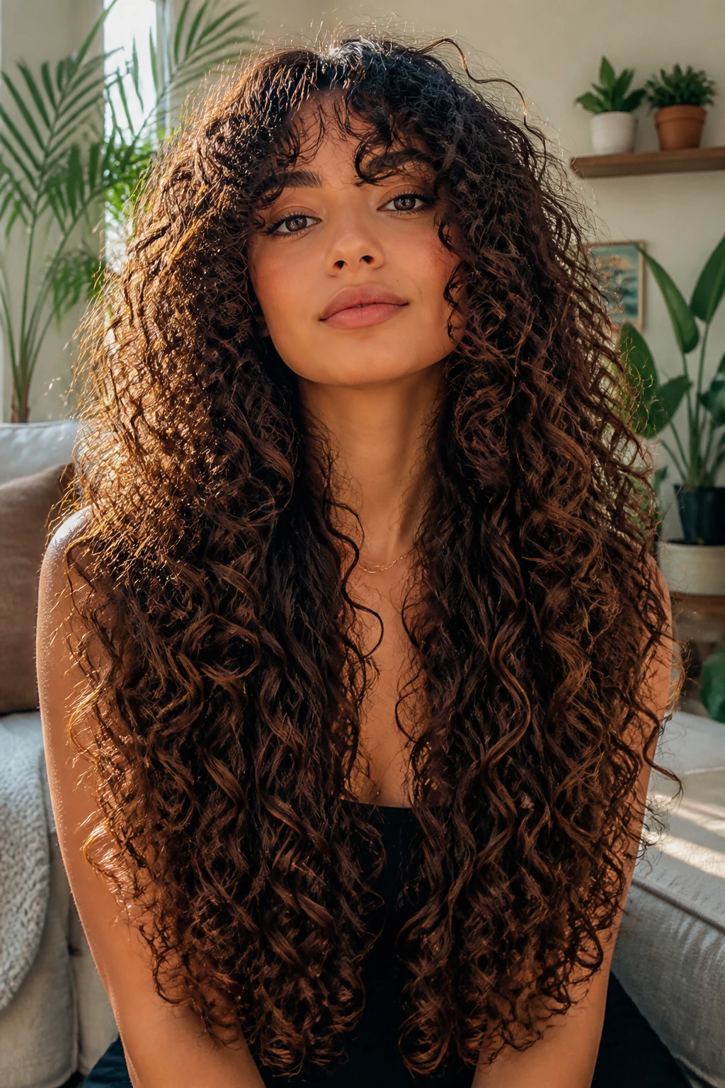 Close-up of a real person with Curly Medusa Cut With Rounded Layers hairstyle