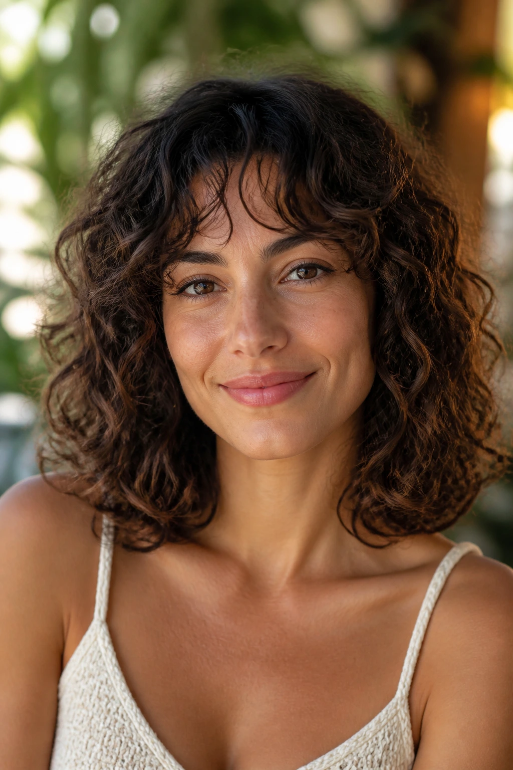 Close-up of a real woman with curly mid-length hair and rounded ends