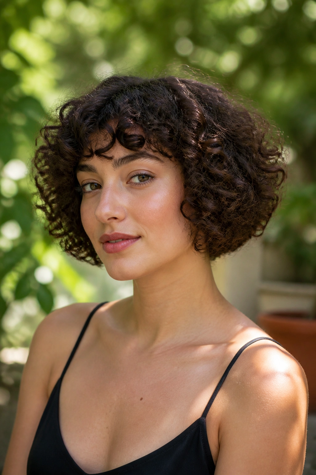 Portrait of a woman with a curly mini bob showing defined curls around the jaw.