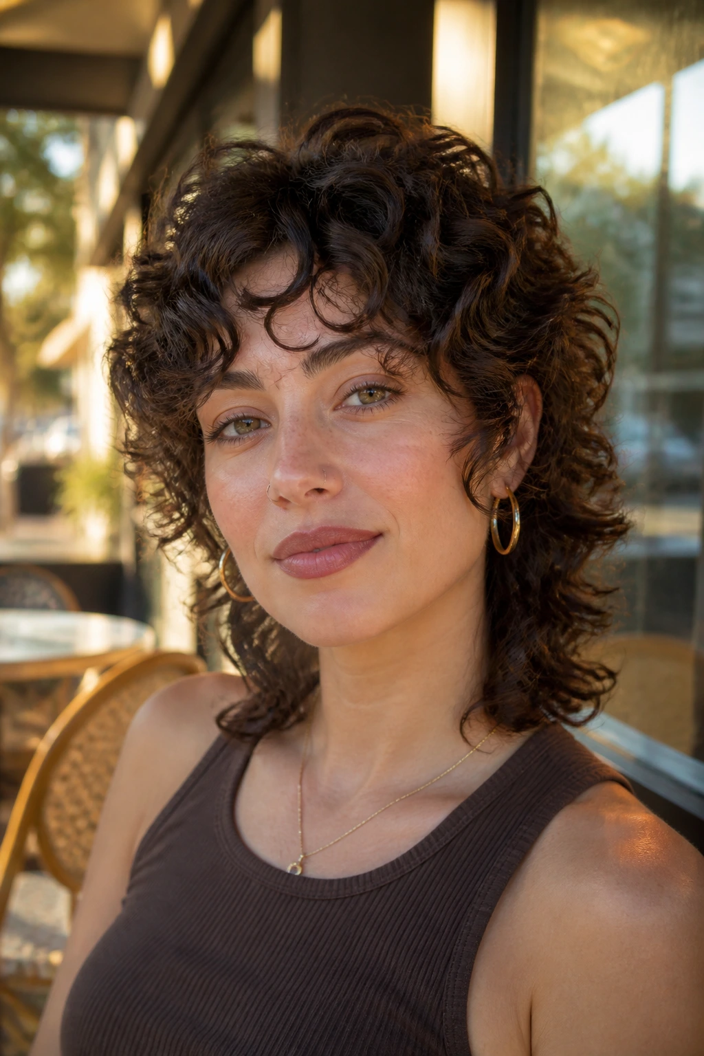Close-up of a real woman with a curly mixie cut in golden-hour light