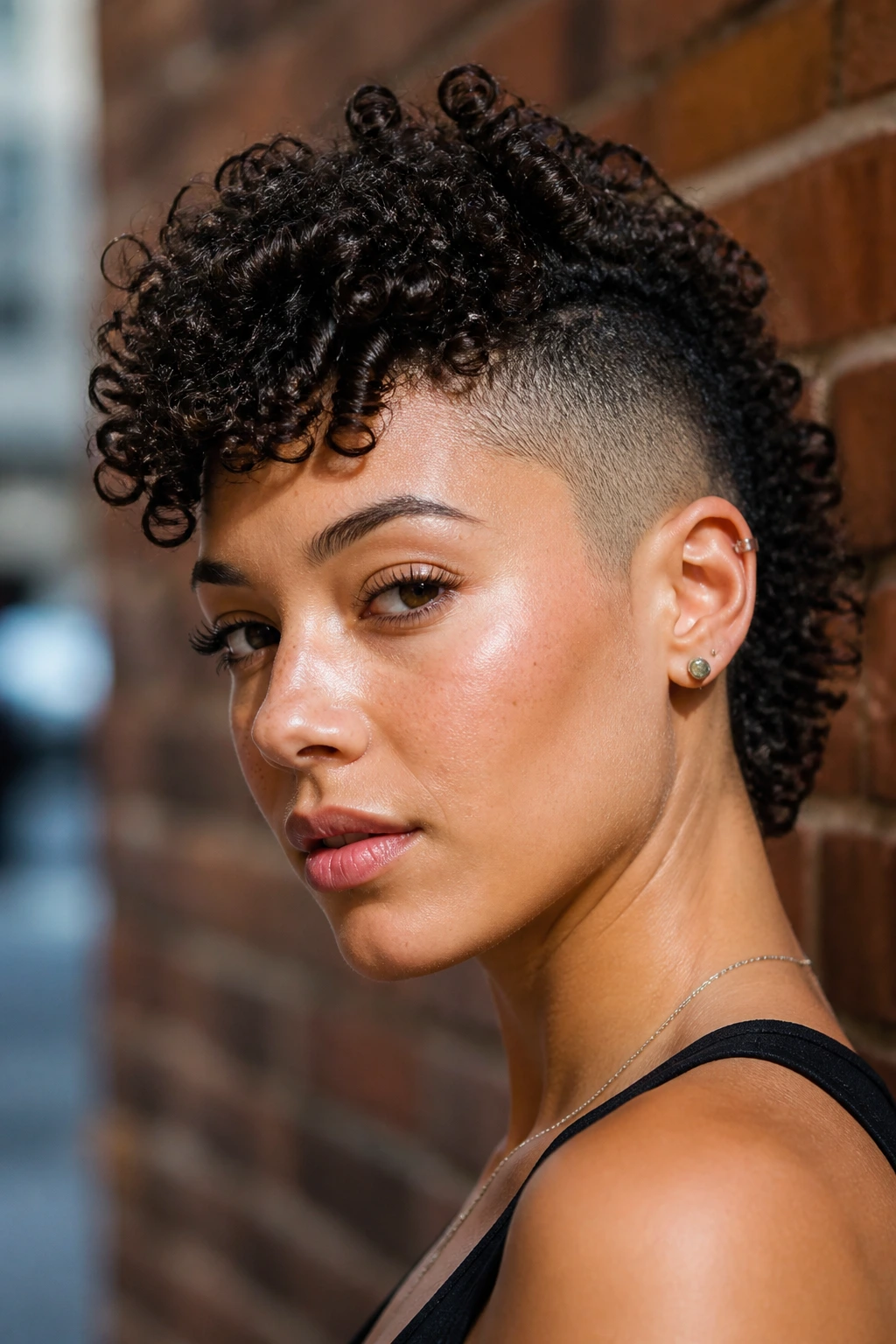 Real woman with curly mohawk crop hairstyle against brick wall