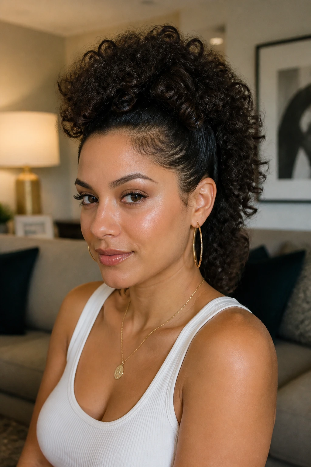 Portrait of a person with a curly mohawk half-up hairstyle