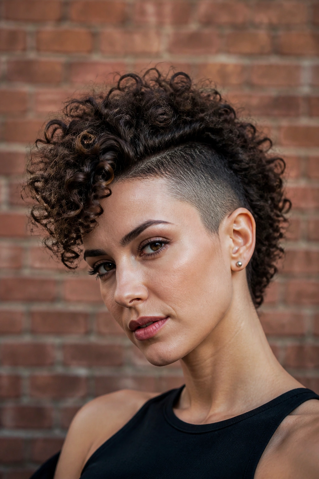 Close-up of a real person with curly mohawk and shaved sides.
