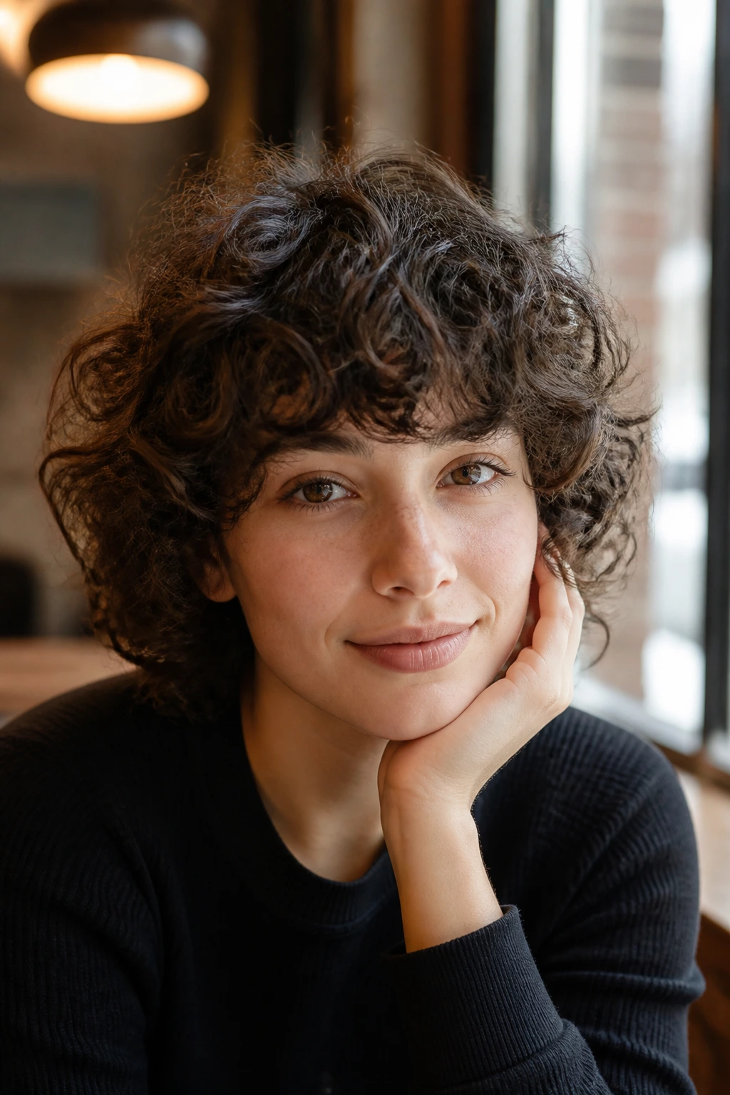 Close-up of a real person with curly mop top and brow-skimming fringe in natural cafe light