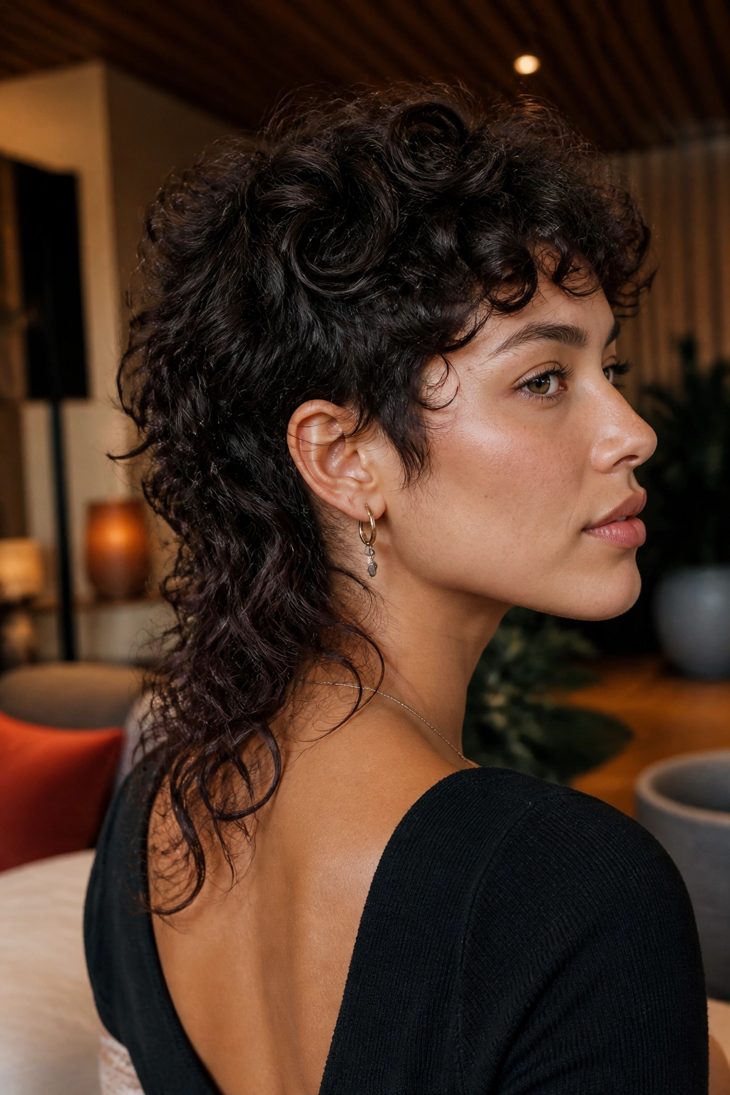 Real person with curly mullet and soft edges in a warm lounge