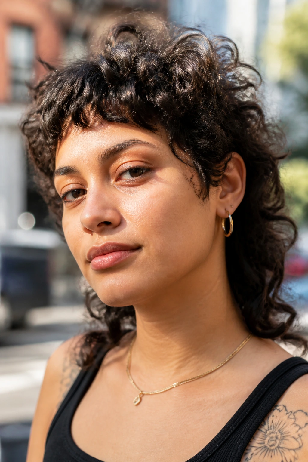 Close-up of tousled curly mullet with short bangs outdoors