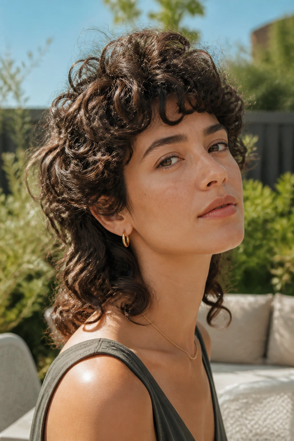 Portrait of a real woman with curly mullet and crown lift in sunlight.