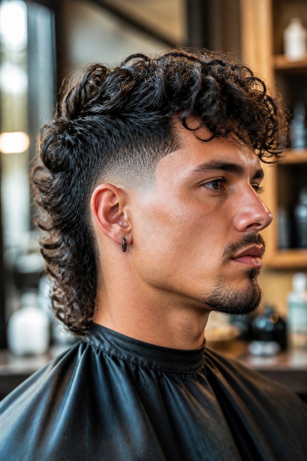 Close-up of a man with a curly mullet fade, tapered sides and flowing back curls