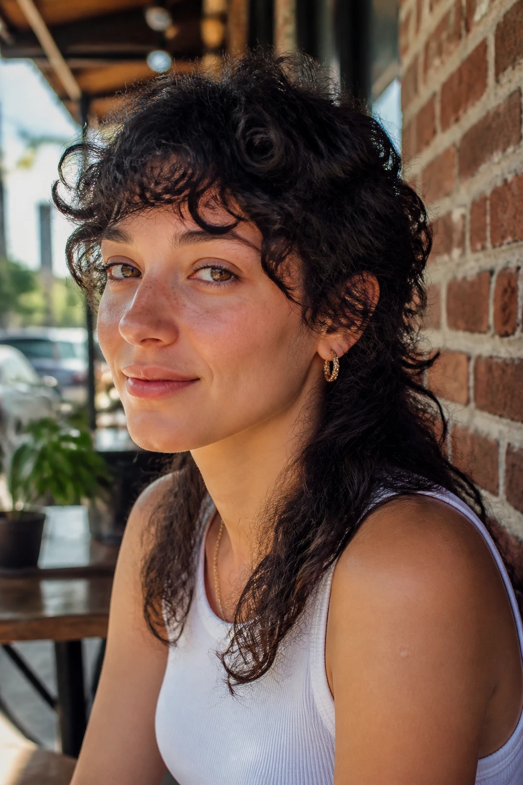 Close-up of a real woman with a grown-out curly mullet in natural daylight.