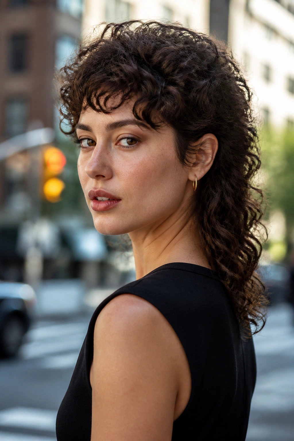 Close-up of a woman with curly mullet-lite layers