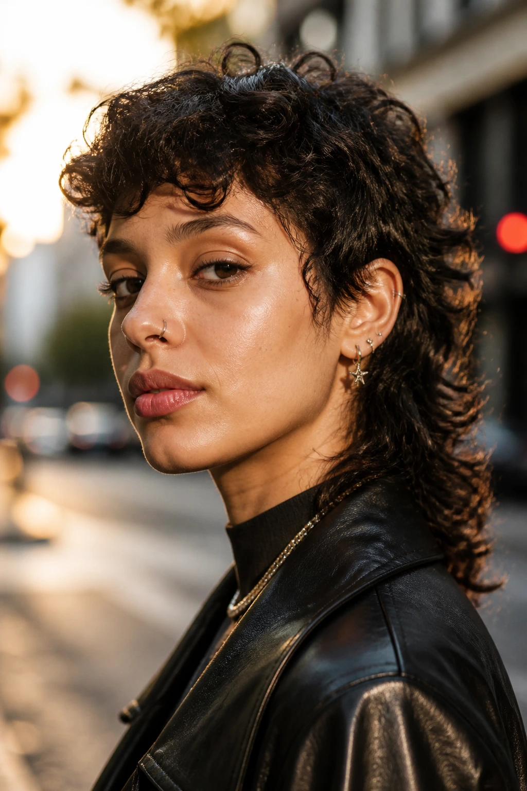 Three-quarter portrait of a woman with a curly mullet in urban sunset light.