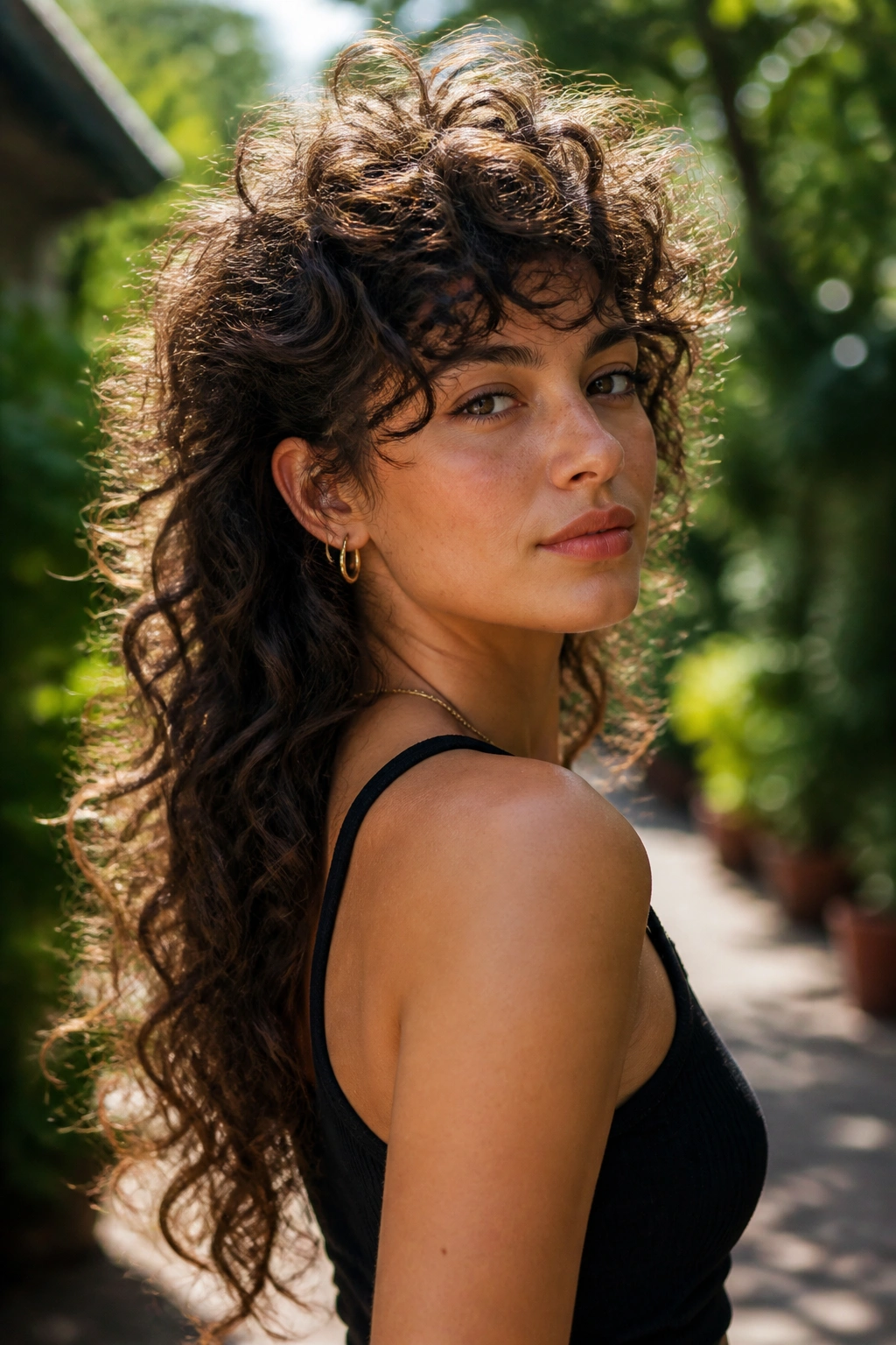 Close-up of a real woman with long curly mullet and rounded crown