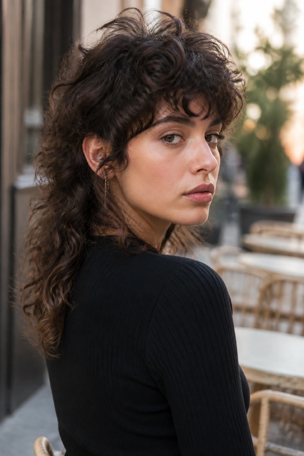 Portrait of a real woman with curly mullet-shag hairstyle and back-length hair