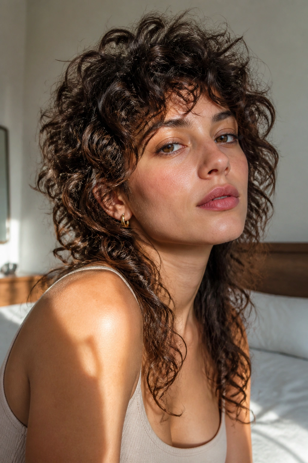 Close-up portrait of a woman with curly mullet shag and crown curls
