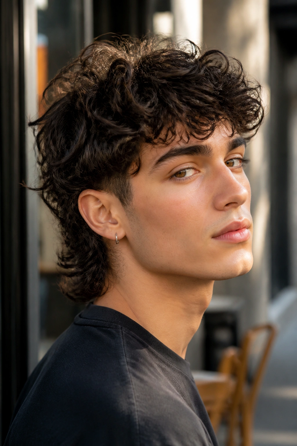 Close-up portrait of a real person with curly mullet shag and a tapered neckline in warm outdoor light.