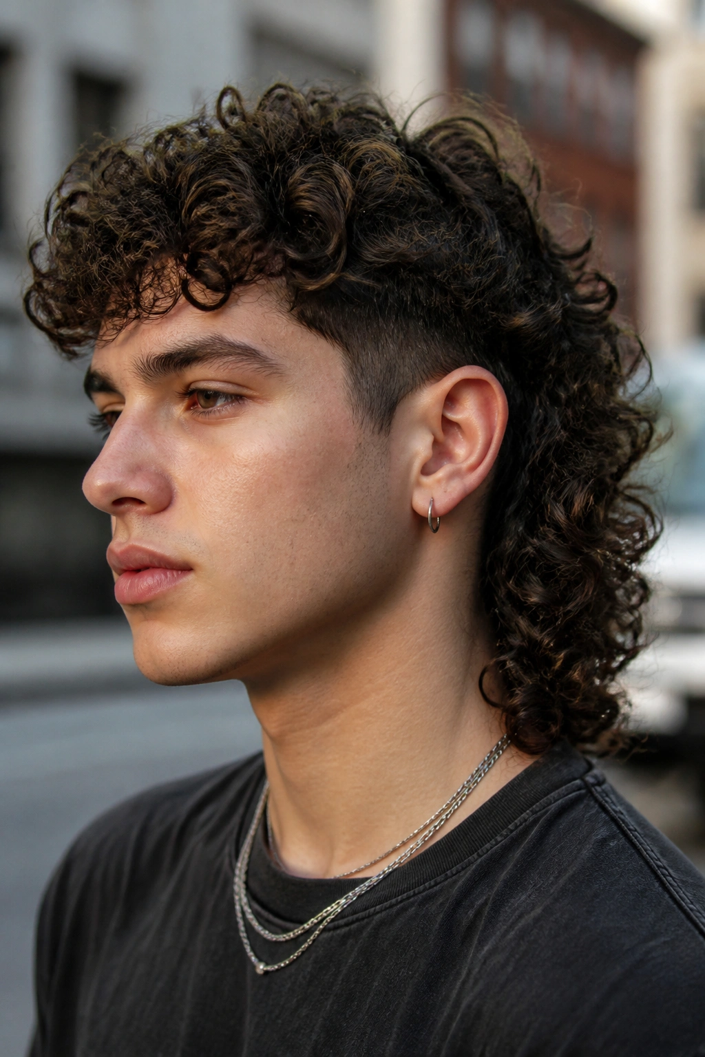 Real person with curly mullet under natural outdoor light.