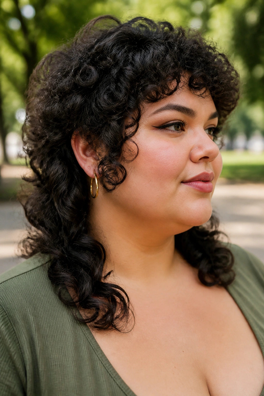 Close-up of a real woman with a curly mullet and soft back length in a park