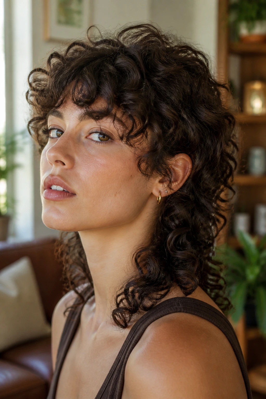 Portrait of a real person with a curly mullet and soft edges in warm afternoon light