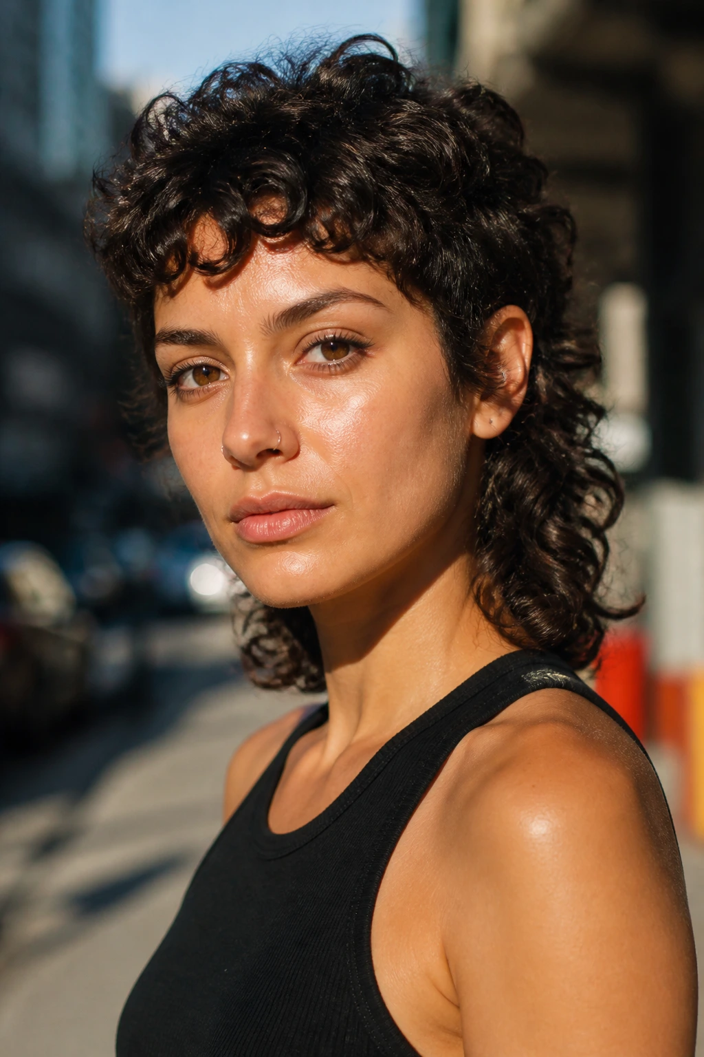 Real person with curly mullet and soft edges on an urban street at golden hour
