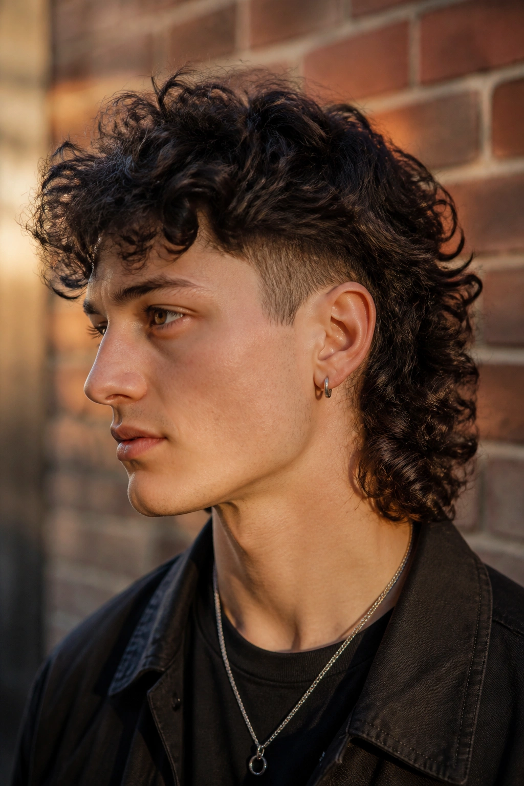Portrait of real person with curly mullet and tapered sides against brick wall at golden hour