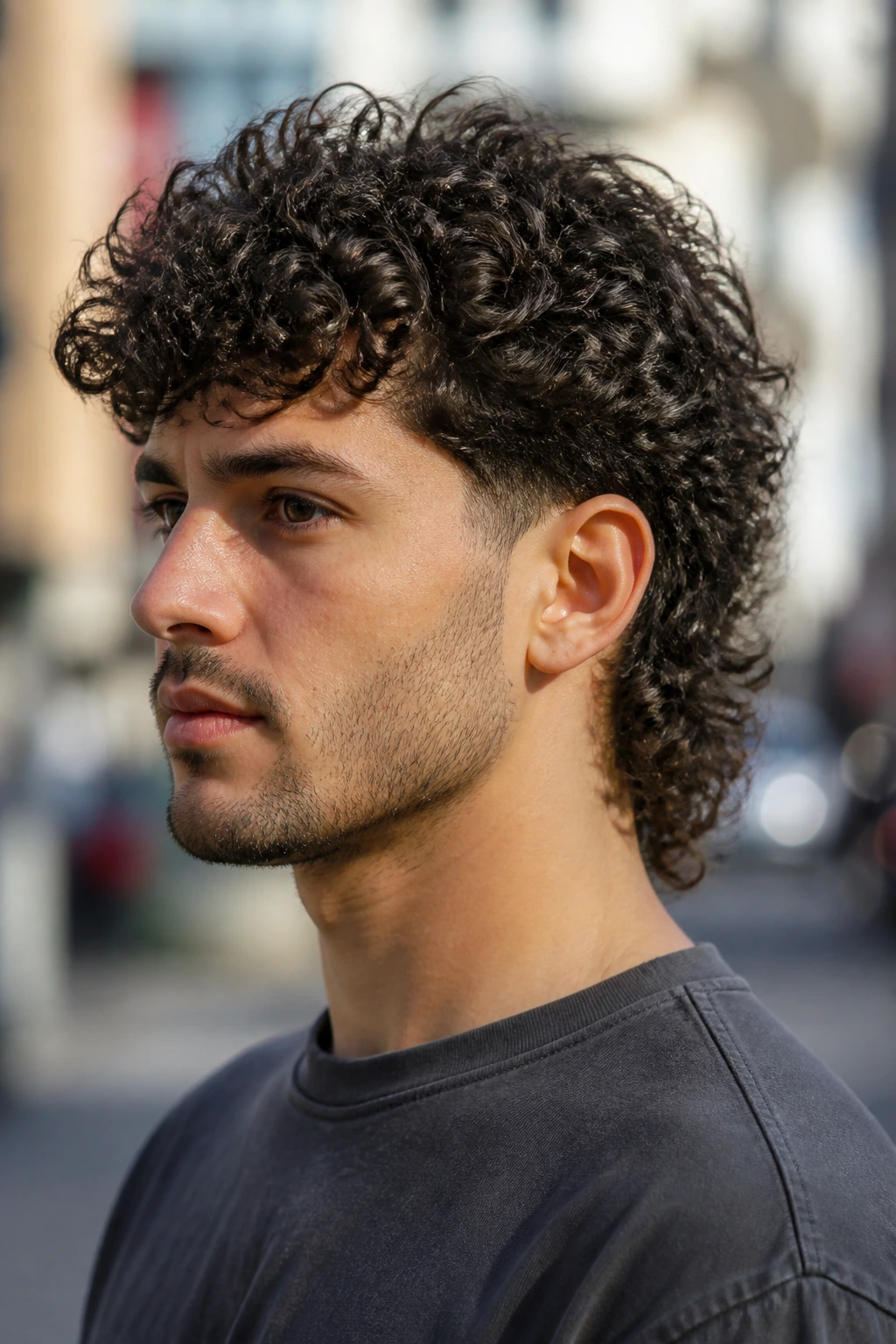 Three-quarter view of a man with curly mullet and tapered nape, showing back length.