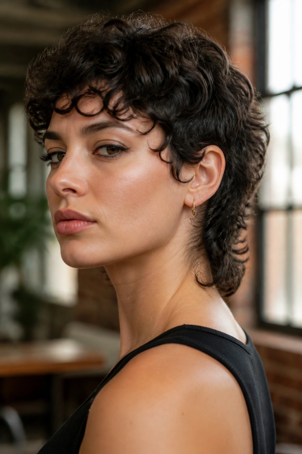 Portrait of a real person with curly mullet and tapered neck in an urban loft