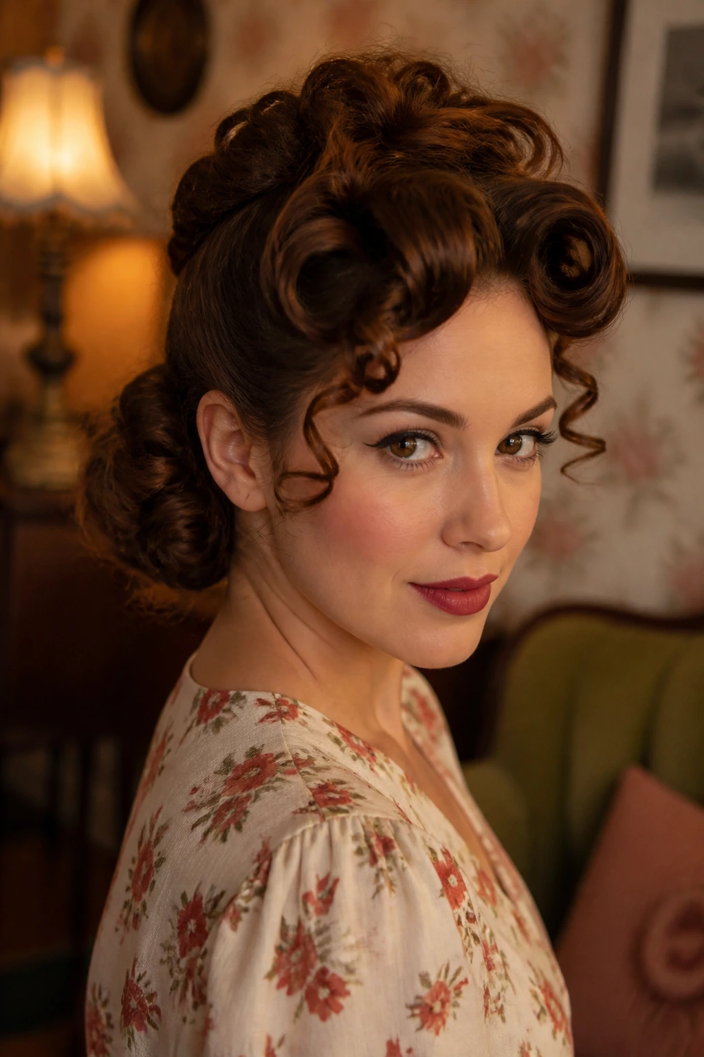 Close-up of curly hair in a pin-up roll style on a real woman.