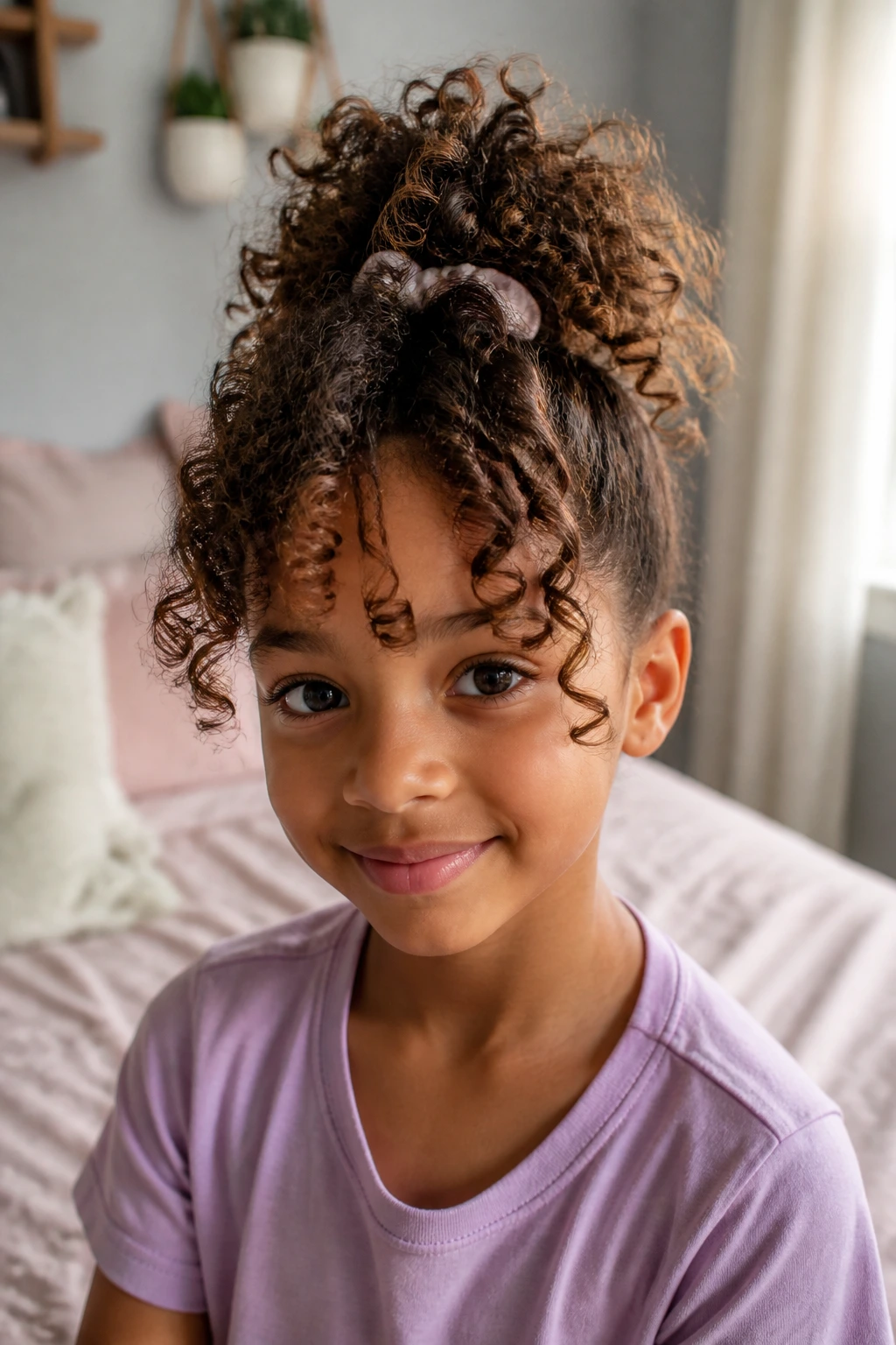 Close-up of a child with a loose curly pineapple hairstyle
