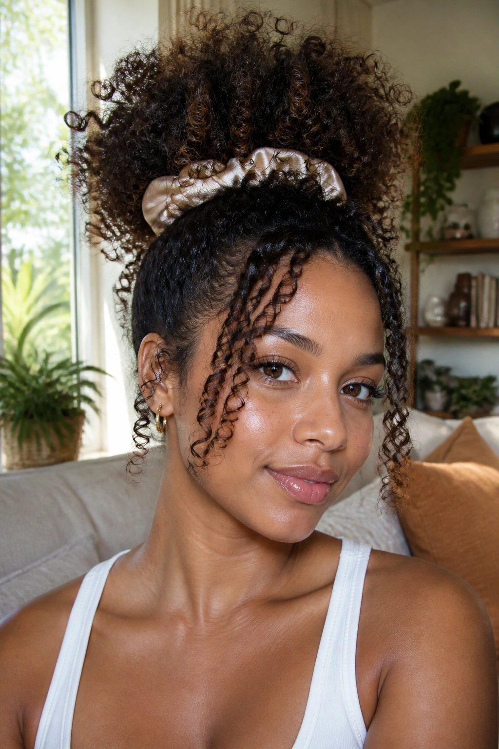 Close-up of a real person with a curly pineapple puff and curls around the face