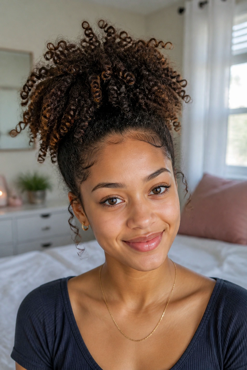 Close-up of a real person with a curly pineapple puff hairstyle
