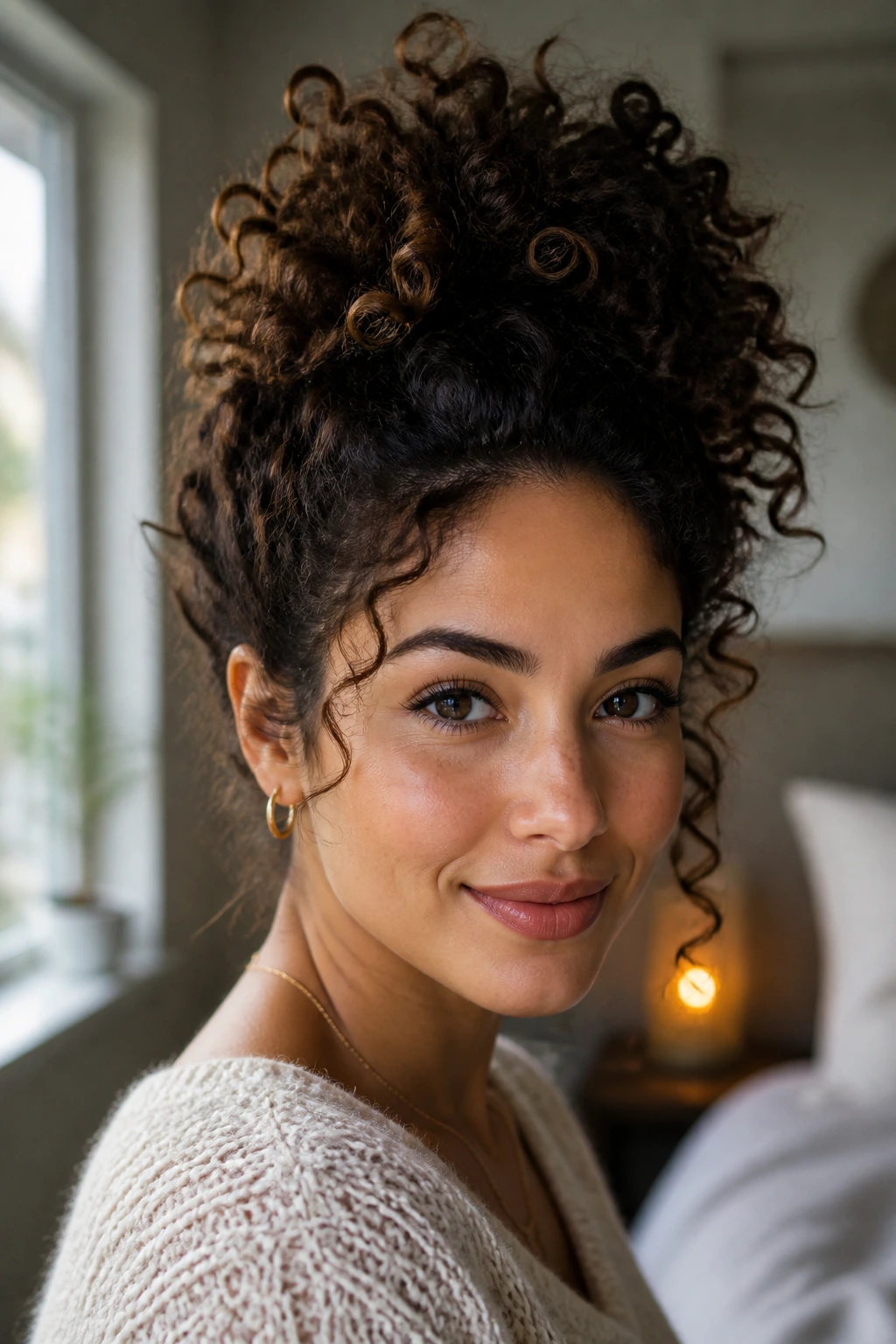 Real woman with curly pineapple updo in window-lit room