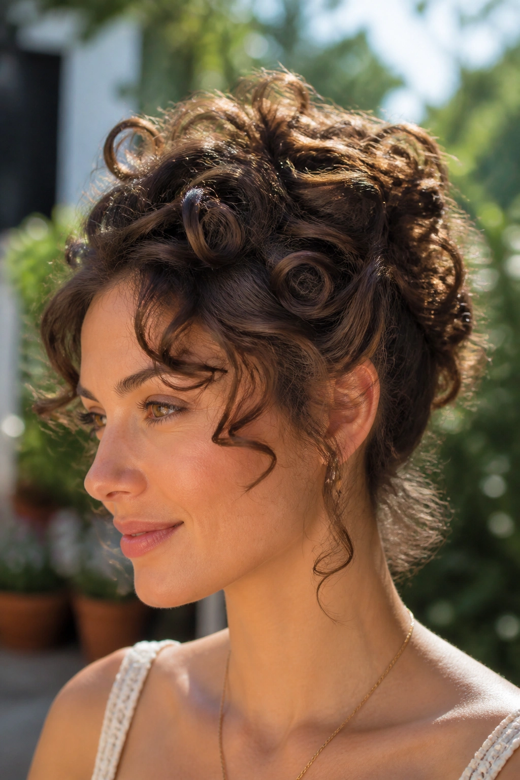 Close-up of a real woman wearing The Curly Pinned Updo with curls pinned upward and loose curls around the temples