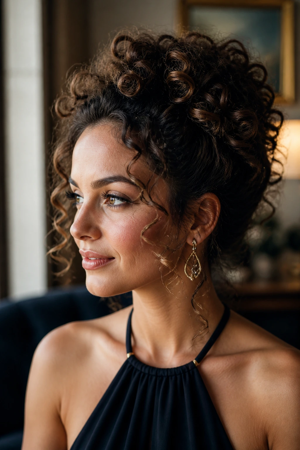 Real woman with curly pinned updo showing preserved curl pattern