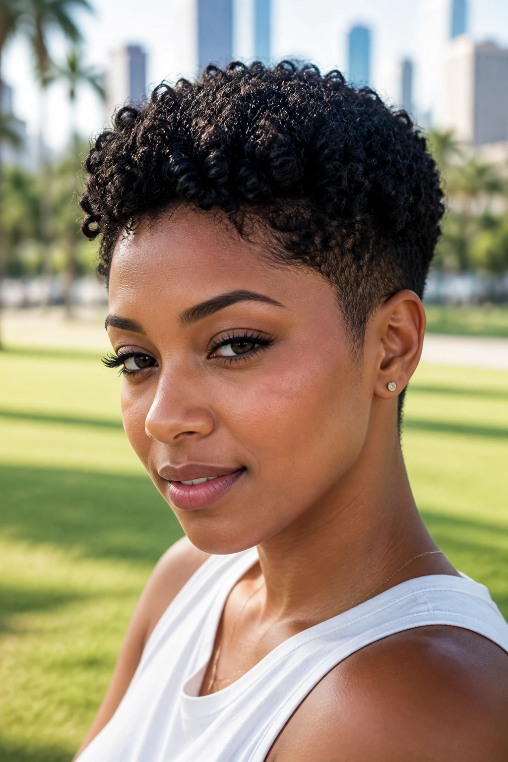 Close-up portrait of a real woman with a curly Afro pixie hairstyle, rounded top and tapered sides.