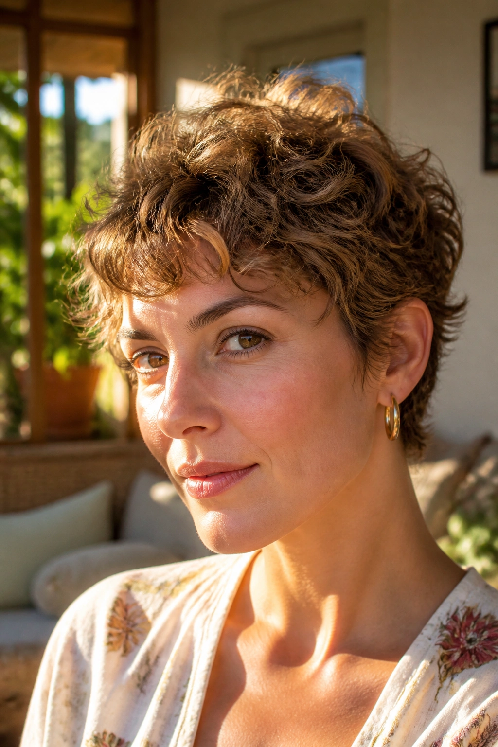 Close-up of a person with curly pixie and airy layers