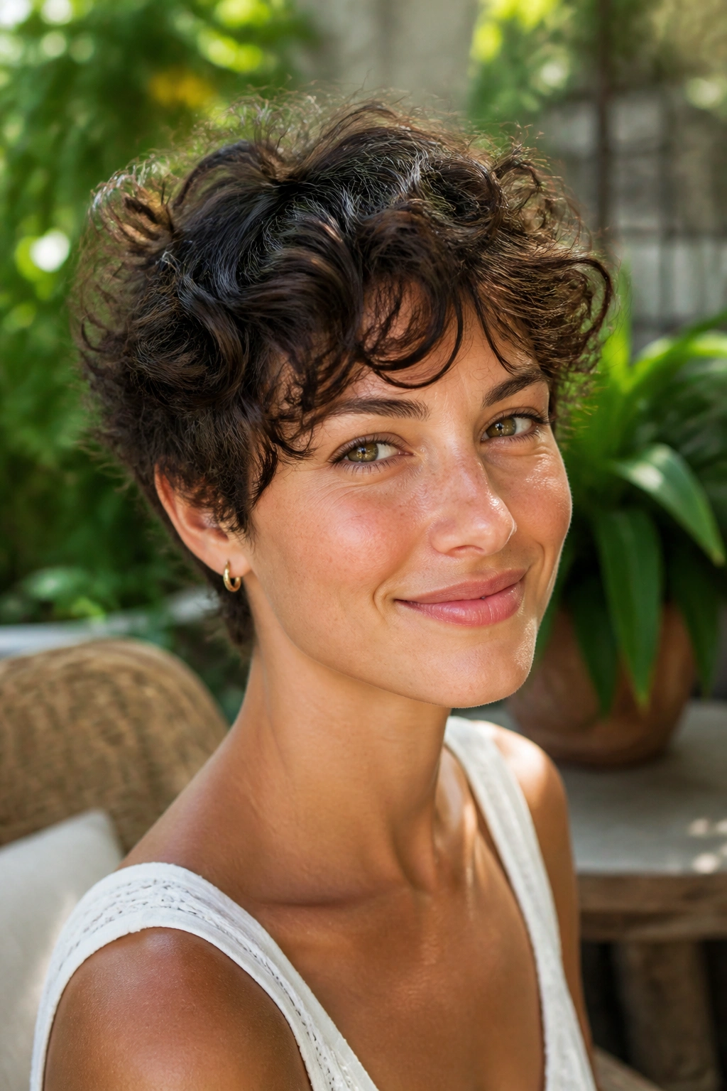Portrait of a person with curly long pixie and airy shape outdoors in a garden