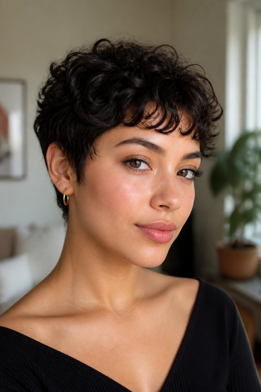 Close-up of a real person with curly pixie and baby bangs