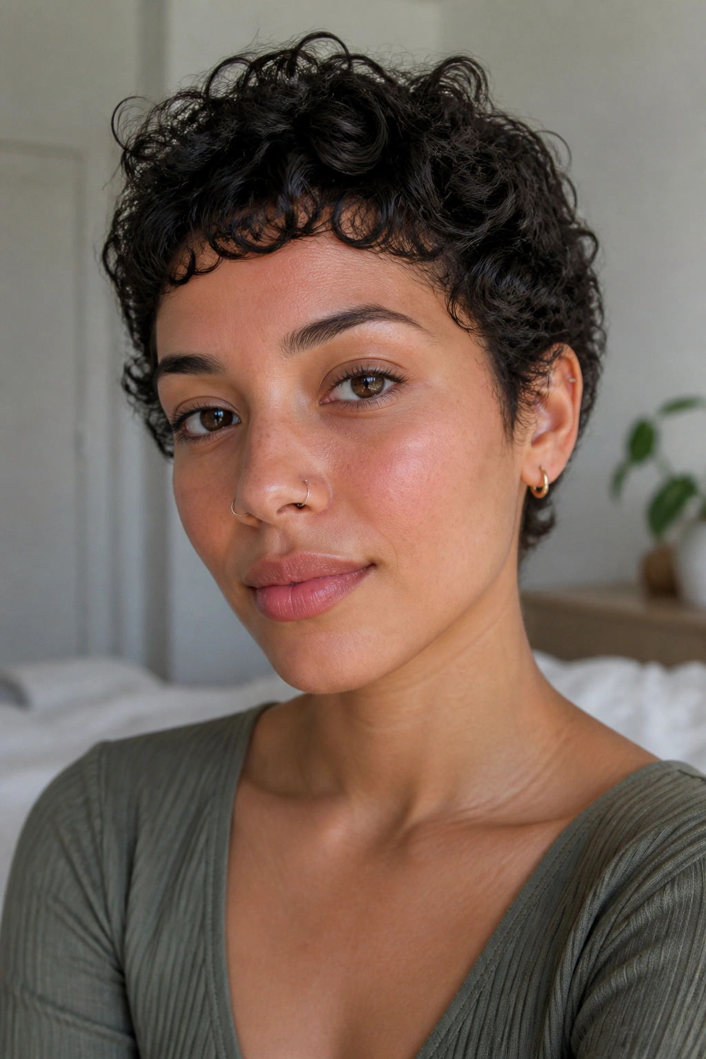Close-up of a real woman with baby bangs and curly texture in a bright bedroom