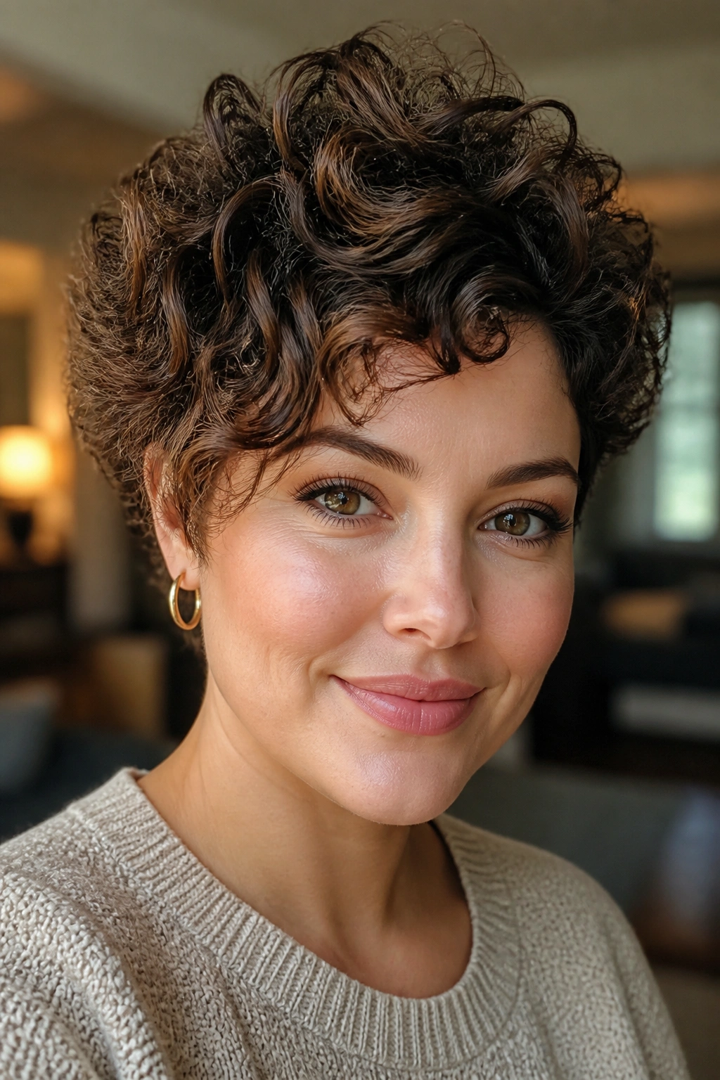 Close-up of a woman with curly pixie bob and crown height.
