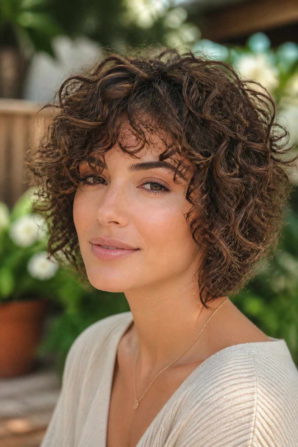 Close-up of a woman with curly long pixie bob showing defined curls.