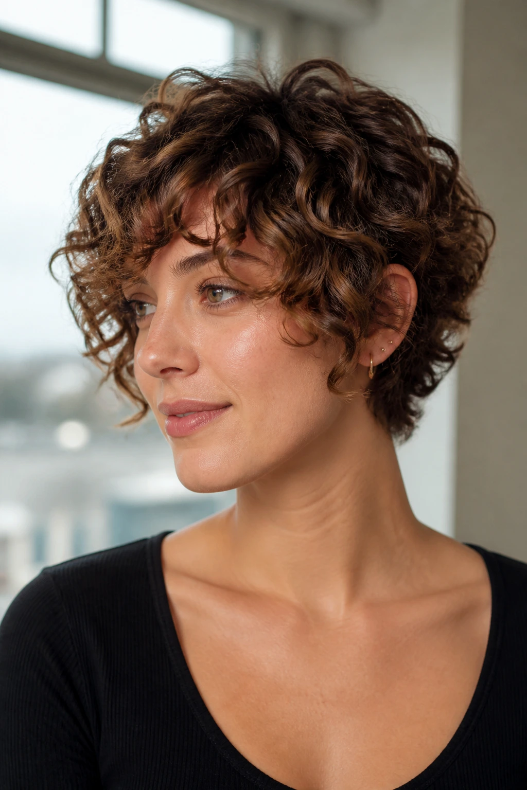 Medium-close portrait of a real person wearing a curly pixie bob hybrid with extra length