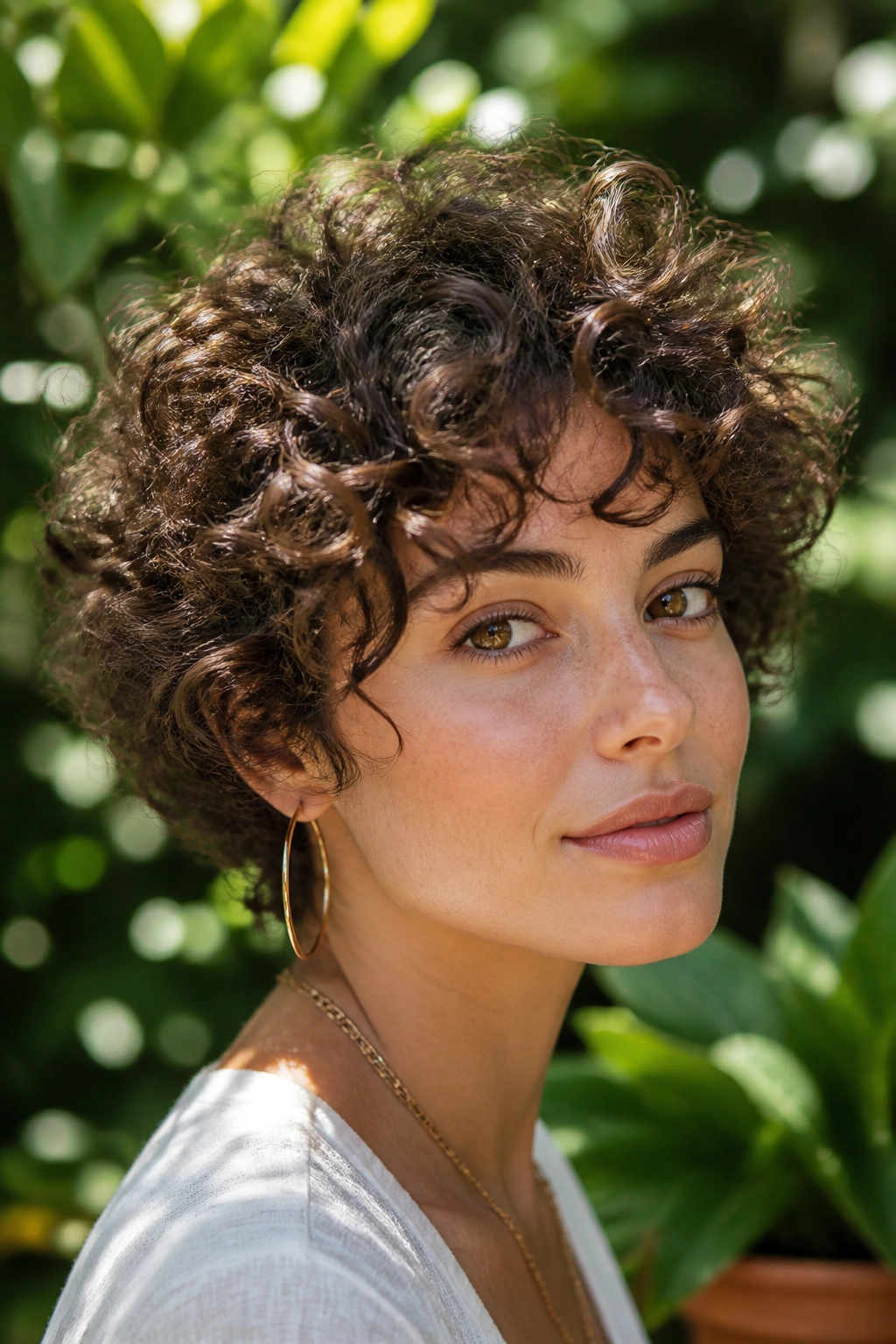 Close-up of a real woman with a Curly Pixie Bob showing airy bounce.