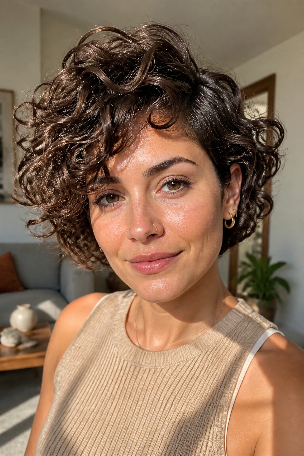 Close-up of a real woman with Curly Long Pixie Bob and defined curls in natural light