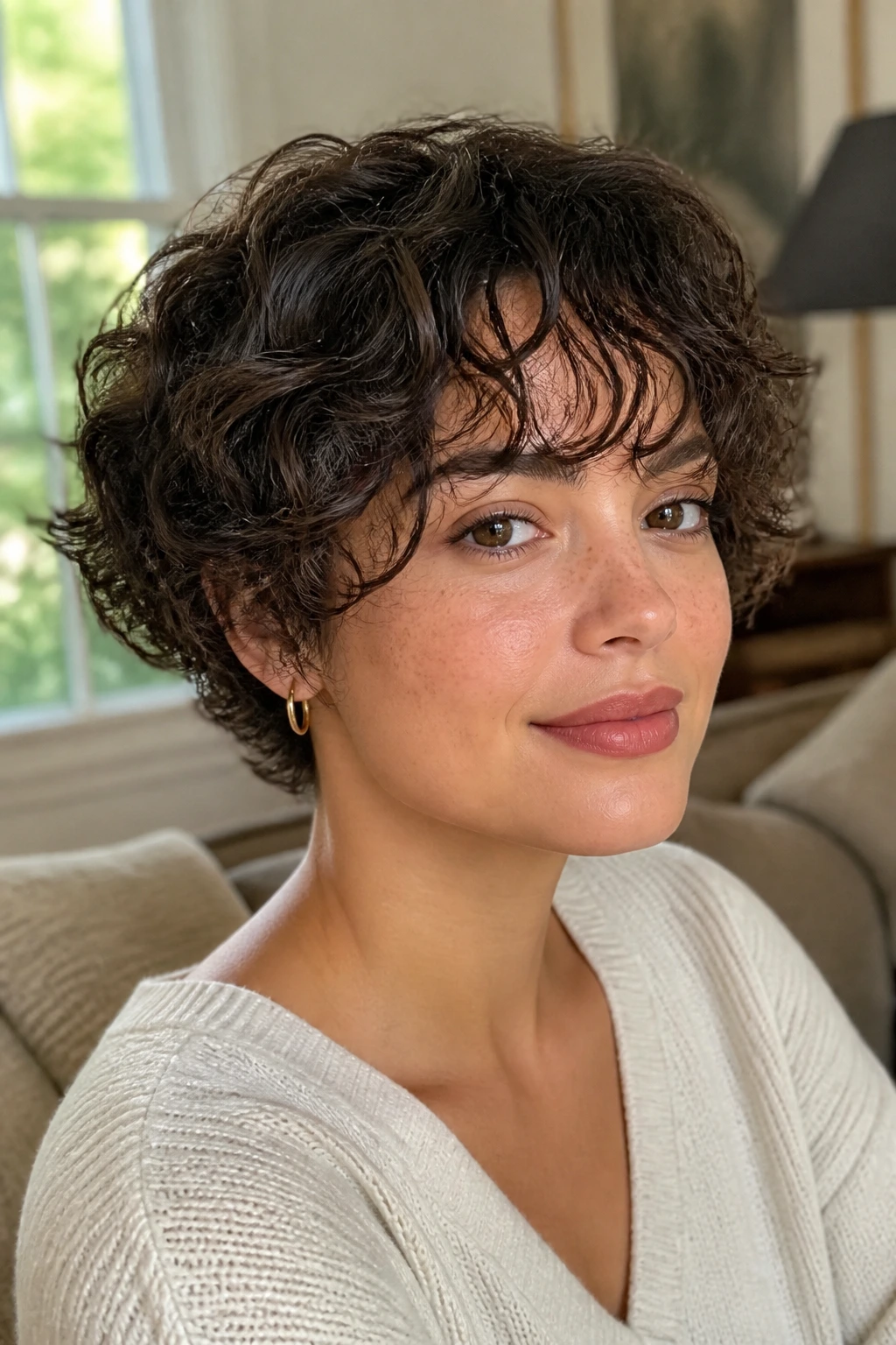 Close-up portrait of a real woman with curly pixie-bob and wispy bangs by a window