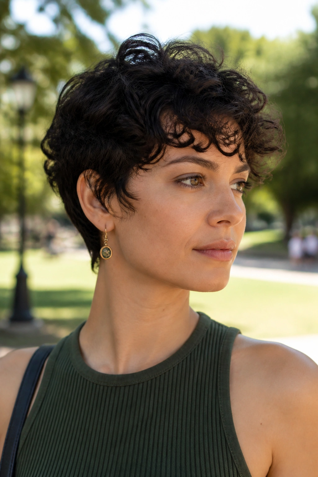 Close-up portrait of a real person with a curly pixie and controlled width