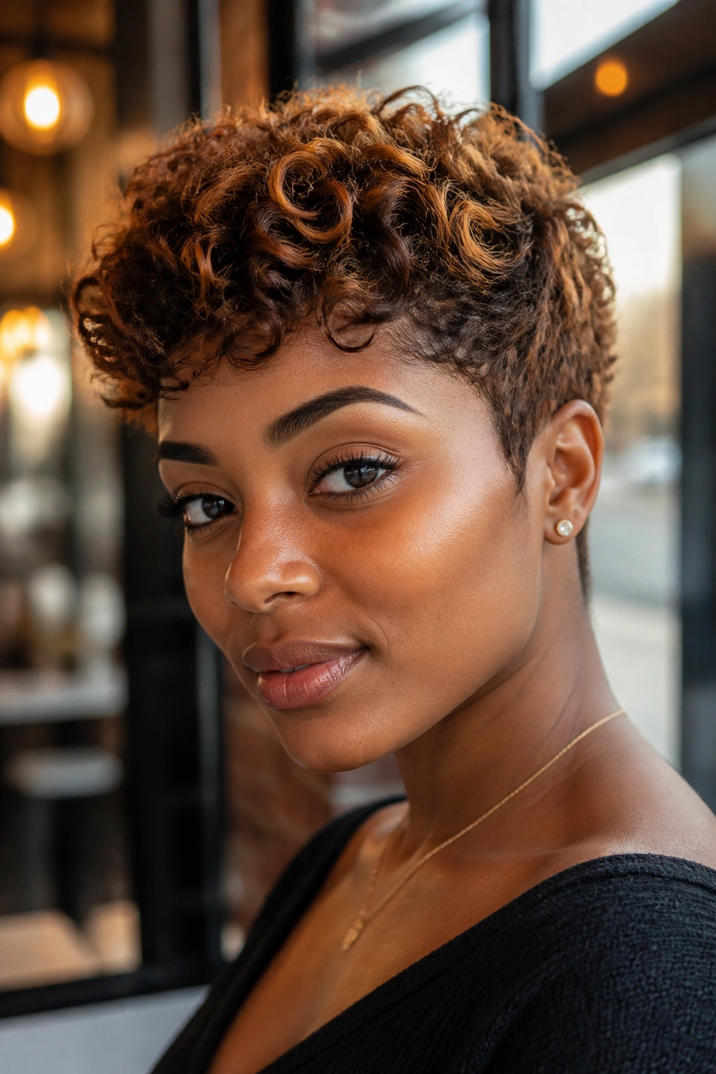 Close-up portrait of a Black woman with copper and honey-highlighted curly pixie