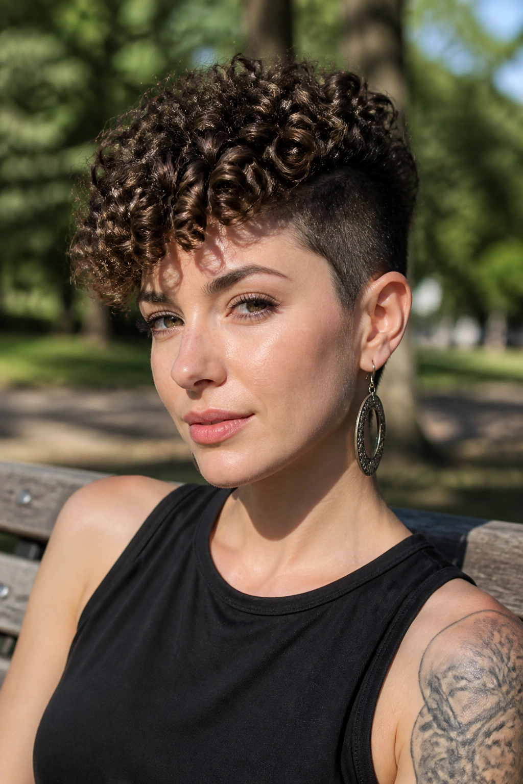 Close-up portrait of a real person with curly top pixie and cropped sides in sunny outdoor lighting
